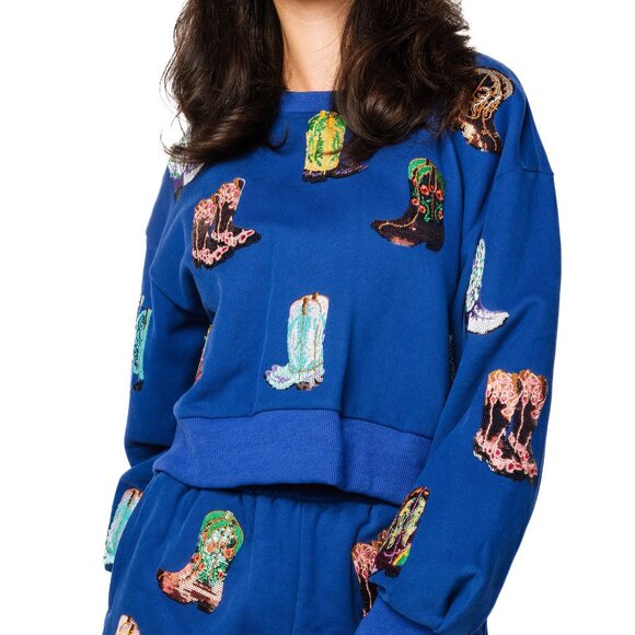 QUEEN OF SPARKLES Tops - NEW Queen Of Sparkles-Royal Blue Multi Cowboy Boot Sweatshirt